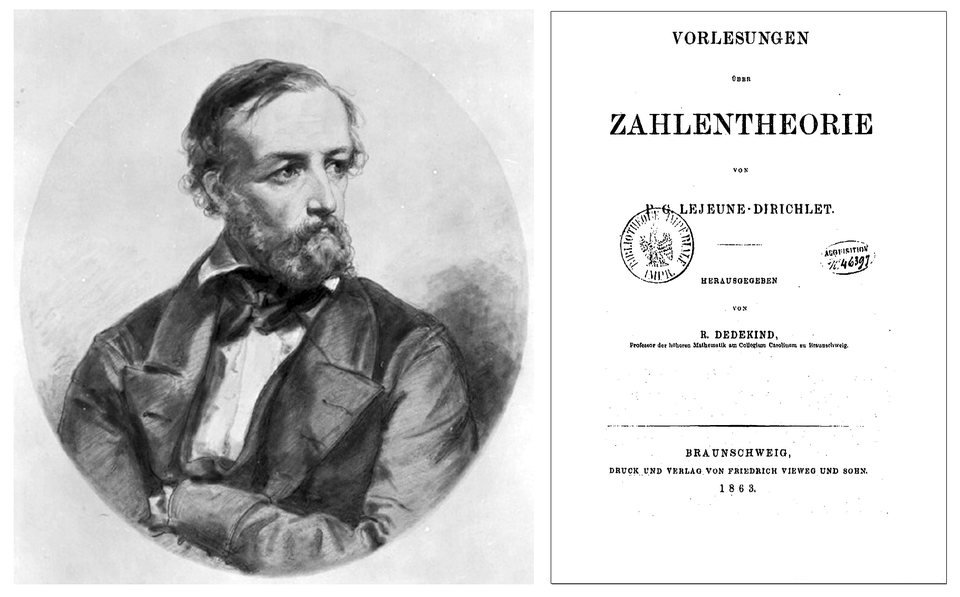 Left: portrait of Johann Peter Gustav Lejeune Dirichlet (1805–1859). Right: title page of Lectures on Number Theory, edited by R. Dedekind (Vorlesungen über Zahlentheorie), 1863