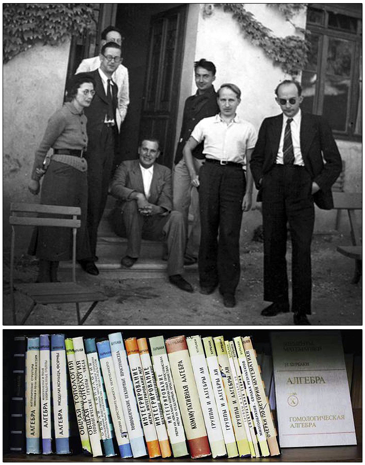 Above: meeting of the Bourbaki group in Delphi in 1938. Left to right: Simone Weil (philosopher and sister of A. Weil), Charles Pisot, André Weil, Jean Dieudonné (seated), Claude Chabauty, Charles Ehresmann and Jean Delsarte. Below: the complete Russian-translated set of N. Bourbaki’s Elements of Mathematics, comprising 21 volumes