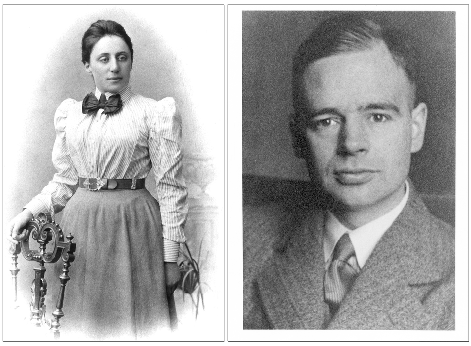 Left: portrait of Amalie Emmy Noether (1882–1935). Right: photograph of Bartel Leendert van der Waerden (1903–1996)