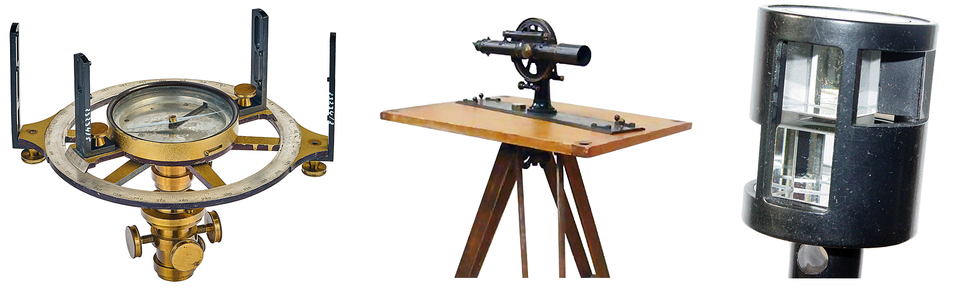 A surveying astrolabe, a plane table and a surveyor’s cross with two pentaprisms