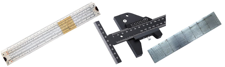 A slide rule, a ruler with a vernier scale and a ruler with a diagonal scale