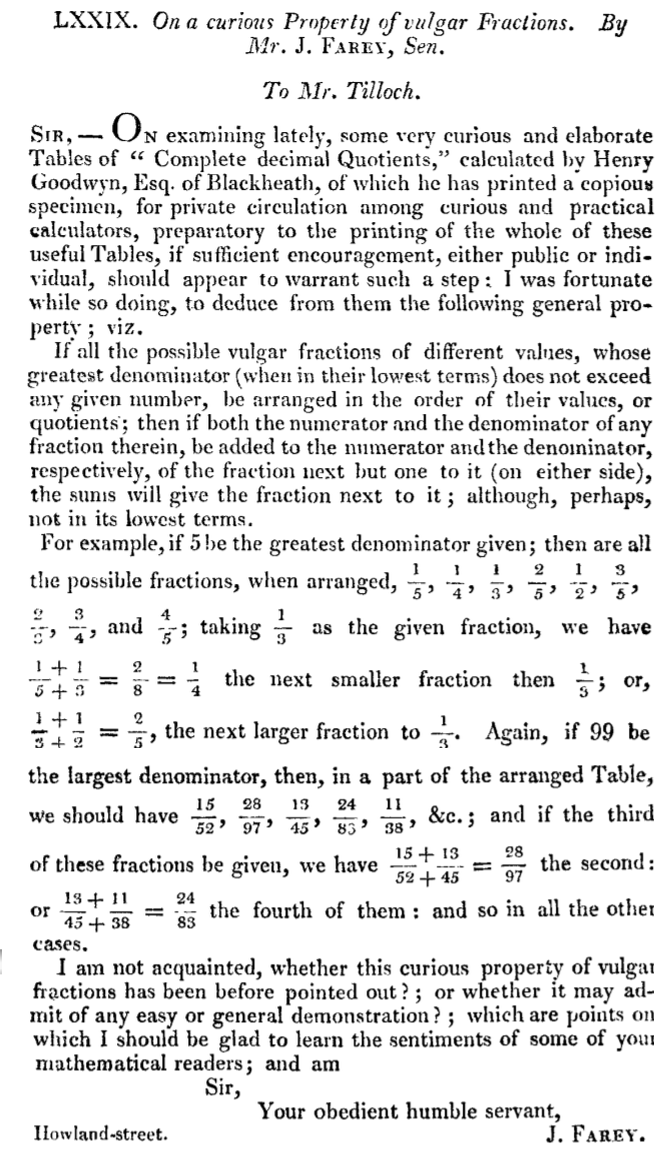 A page from Farey’s “On a curious property of vulgar fractions”, in The Philosophical Magazine and Journal: Comprehending the various branches of science. the liberal and fine arts, geology, agriculture, manufacturers and commerce.,