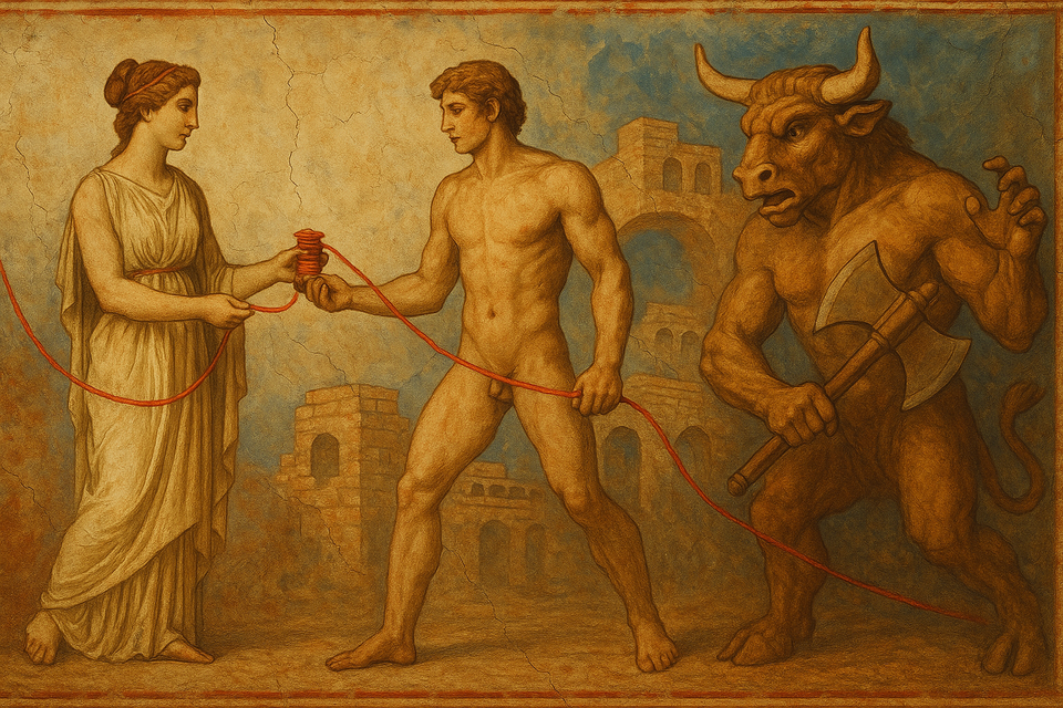 A fresco in the style of ancient Greek myths about Theseus and Ariadne’s thread