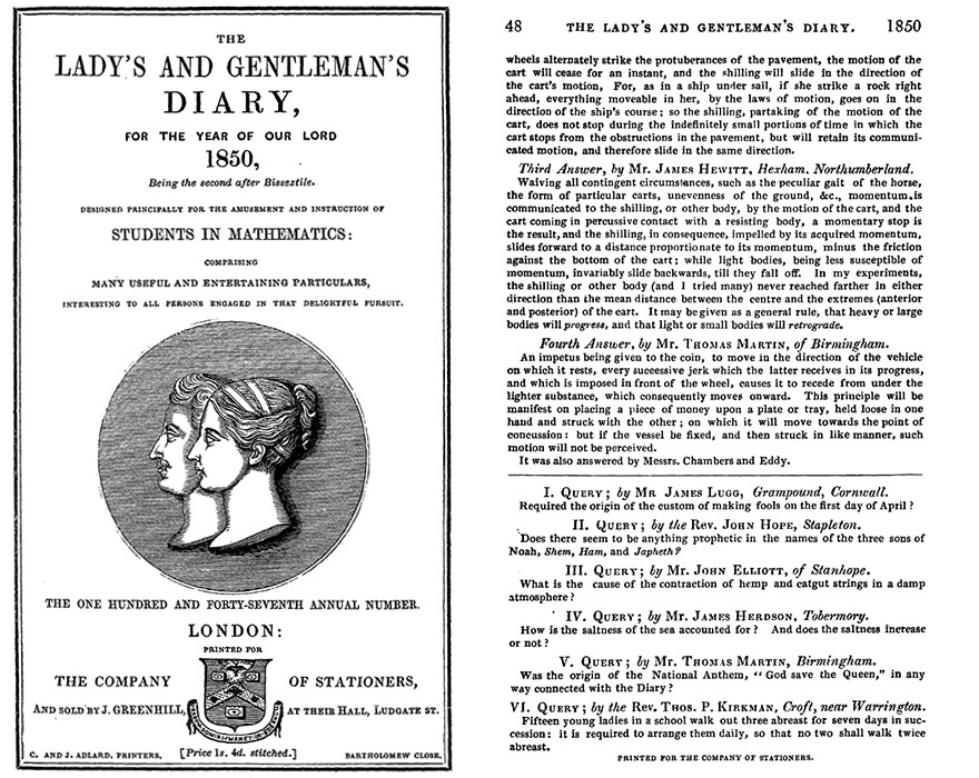 The cover and a page of The Lady's and Gentleman's Diary for 1850, containing the original publication of Kirkman's schoolgirl problem (question 6, at the bottom right of the page).