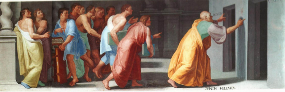 “Zeno Shows His Pupils the Doors of Truth and Falsehood”, a fresco in the library of El Escorial