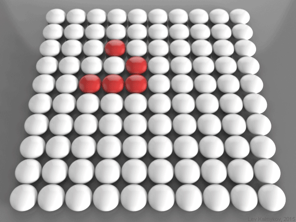 A glider: the behaviour of a Game of Life pattern on a 10×10 square grid with periodic boundary conditions