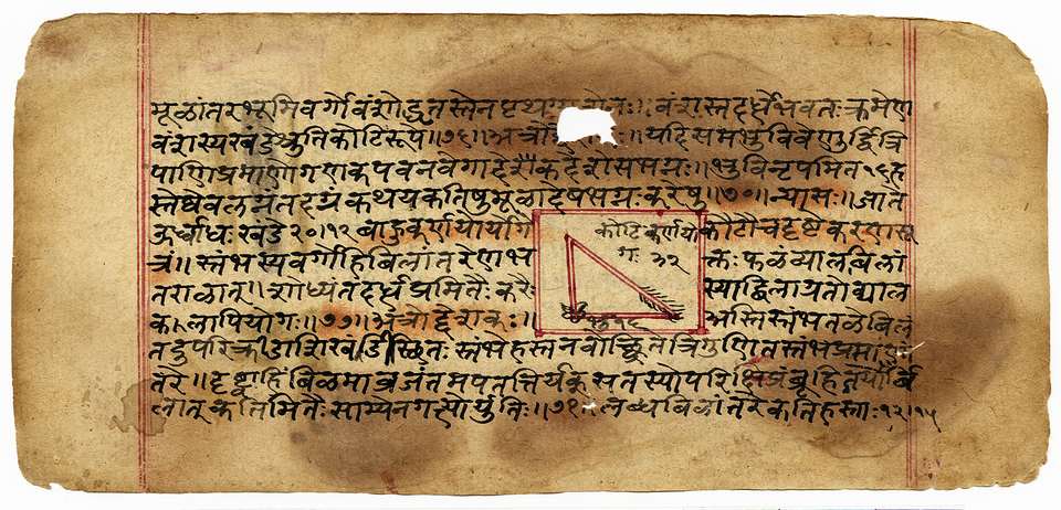 A page from a manuscript of Bhaskara II’s Lilavati (1114–1185), illustrating the Pythagorean theorem