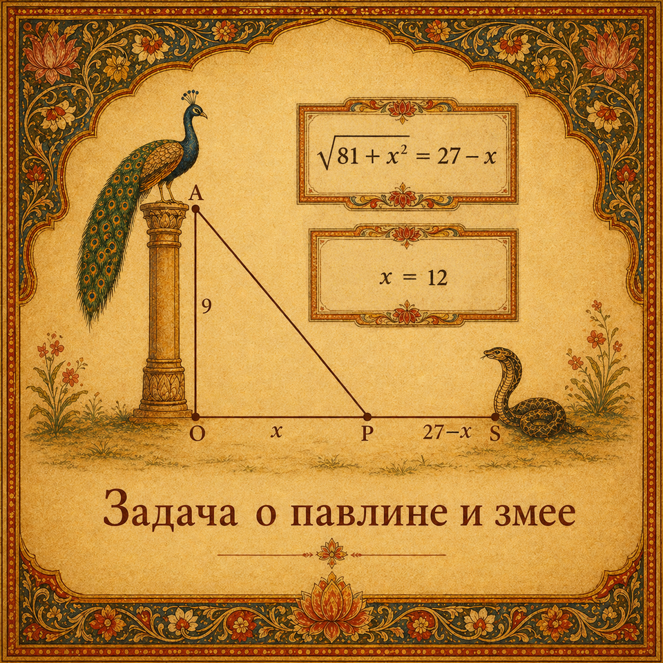 Diagram for the peacock-and-snake problem: A is the top of the pillar where the peacock sits, O the hole at its base, S the snake’s initial position, and P the meeting point