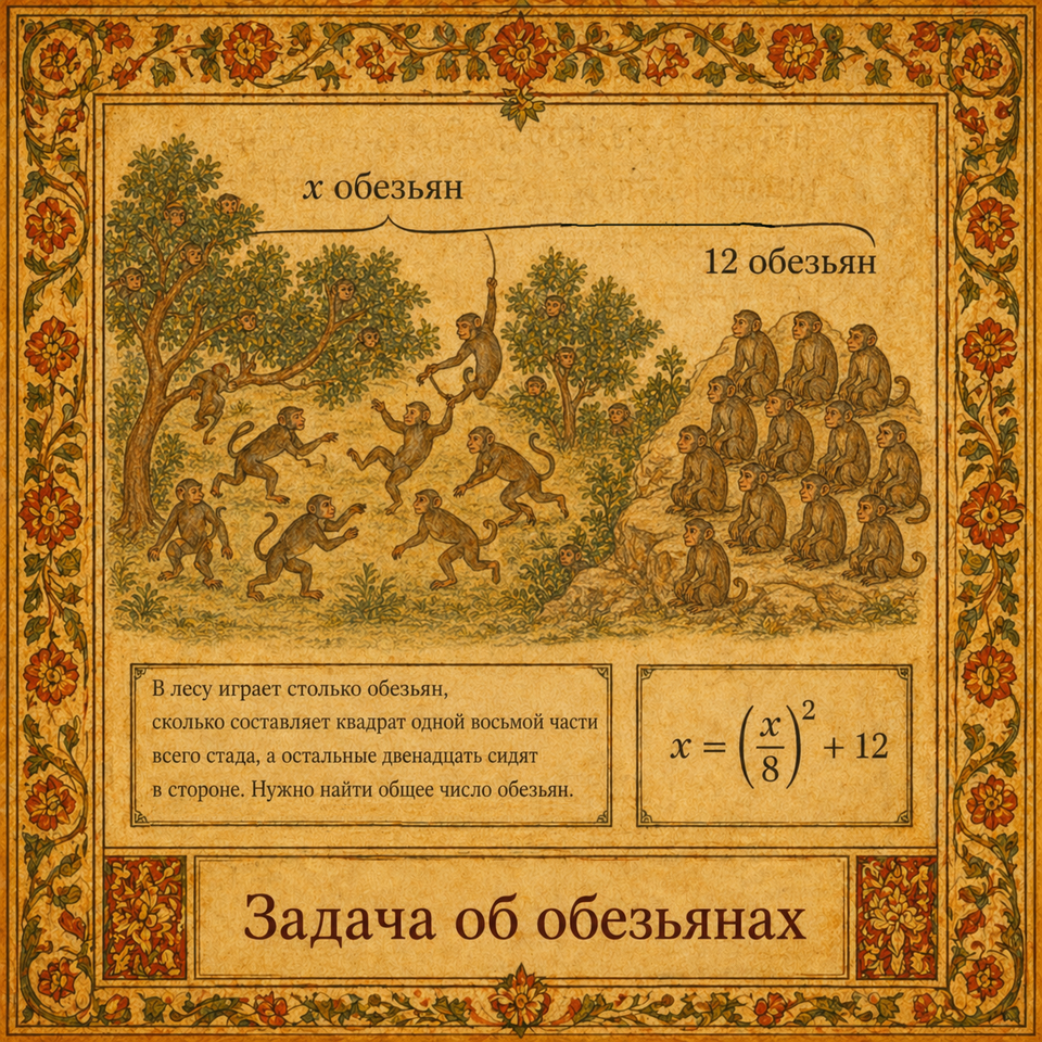 Diagram for the monkey problem in Bijaganita: part of the troop plays in the forest, while the remaining twelve sit apart