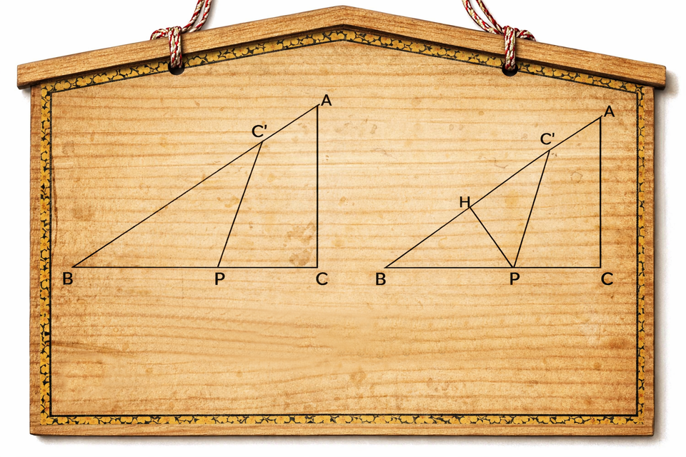 A stylized diagram in the spirit of Japanese sangaku for dividing a triangle into two equal-area parts