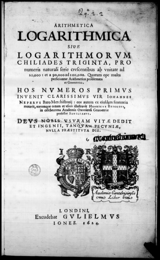 Title page of Henry Briggs’ Logarithmic Arithmetic, 1624, containing common-logarithm tables