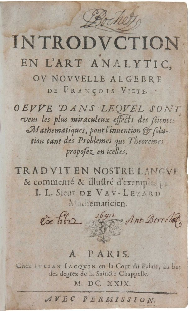 A page from Viète's Introduction to the Analytic Art, published in 1591, in the French translation Introduction à l'Art analytique, 1629.