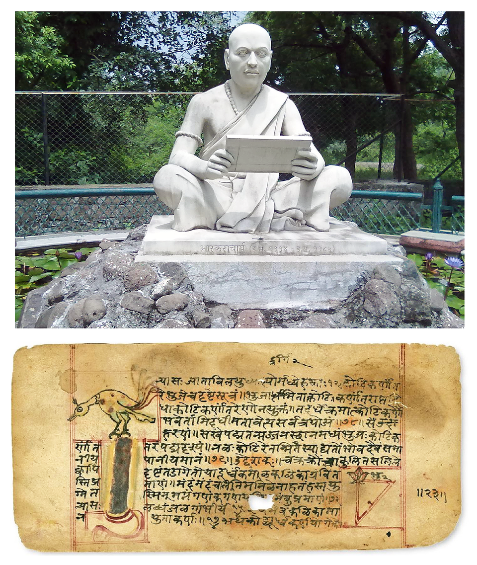 Bhaskara II's statue and a page from Lilavati
