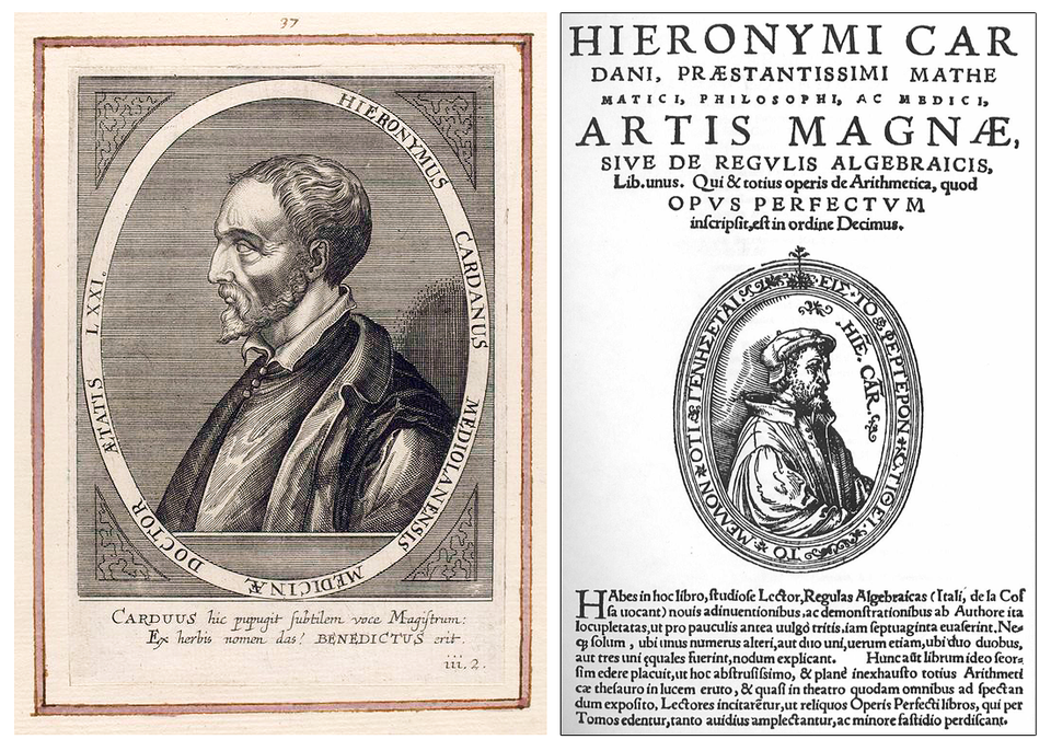 Left: portrait of Girolamo Cardano (1501–1576). Right: a page from Ars Magna (1545)