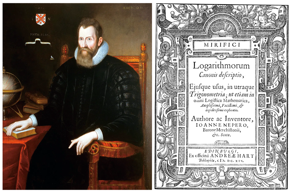 Left: portrait of John Napier (1550–1617), inventor of logarithms. Right: title page of A Description of the Wonderful Canon of Logarithms (1614)