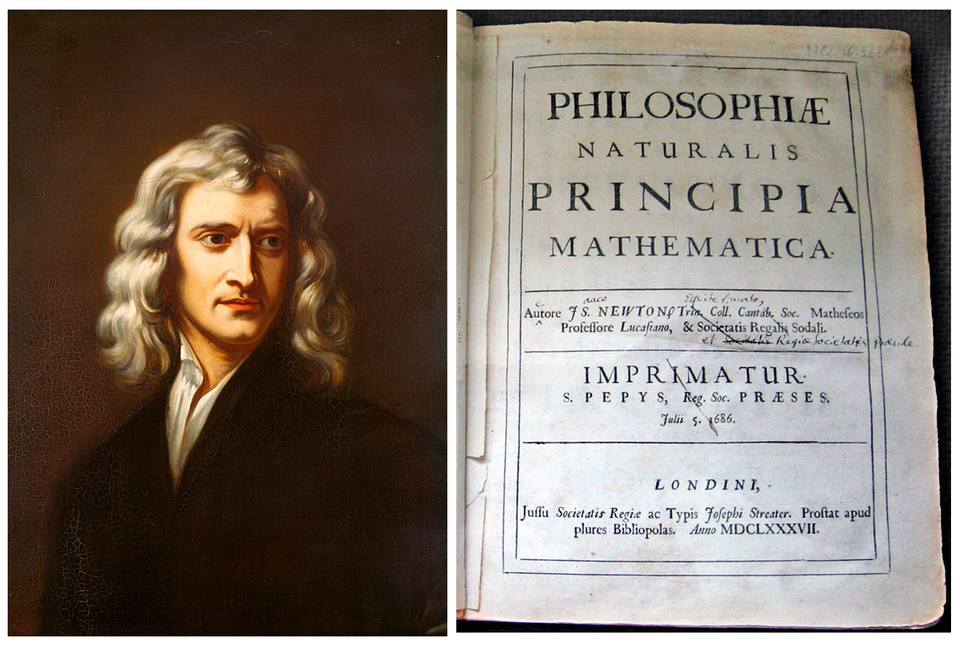 Portrait of Newton and the title page of his Principia