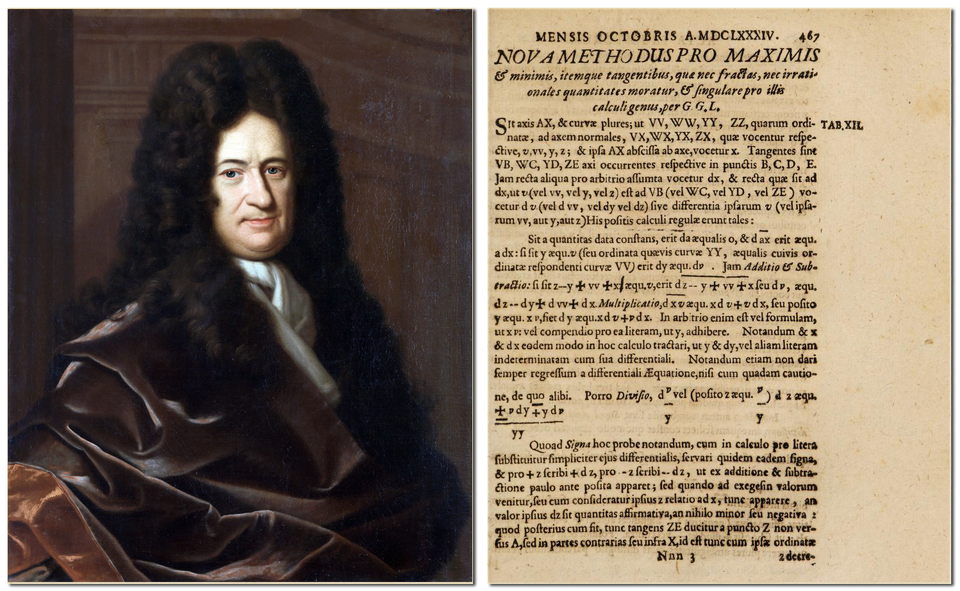 Portrait of Leibniz and the opening of his 1684 calculus article