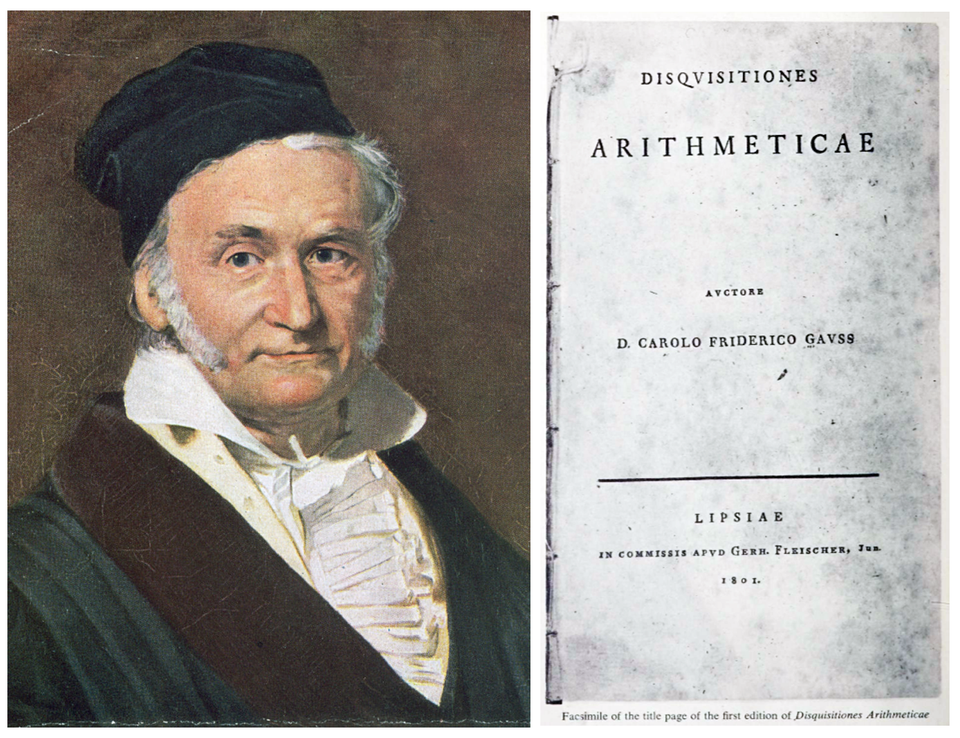 Left: reproduction of a portrait of Carl Friedrich Gauss (1777–1855). Right: title page of Disquisitiones Arithmeticae (1801)