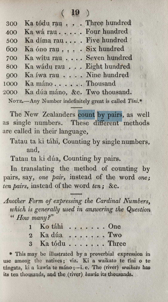 A page from A Grammar and Vocabulary of the Language of New Zealand by Thomas Kendall and Samuel Lee, 1820. This early source describes Māori numerals as decimal, while also mentioning counting in pairs