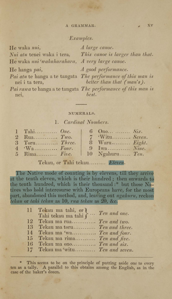 William Williams’s dictionary of 1844. It retains the unusual phrase “counting by elevens”, but cautiously explains it in terms of setting aside an object as a marker