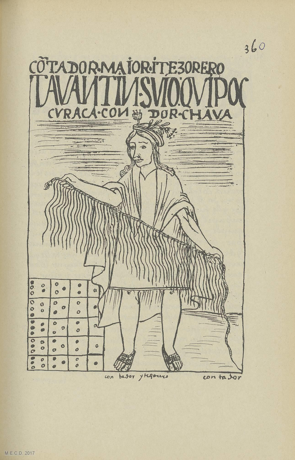 Felipe Guaman Poma de Ayala, seventeenth century: a treasurer-accountant, or khipukamayuq, holding a khipu