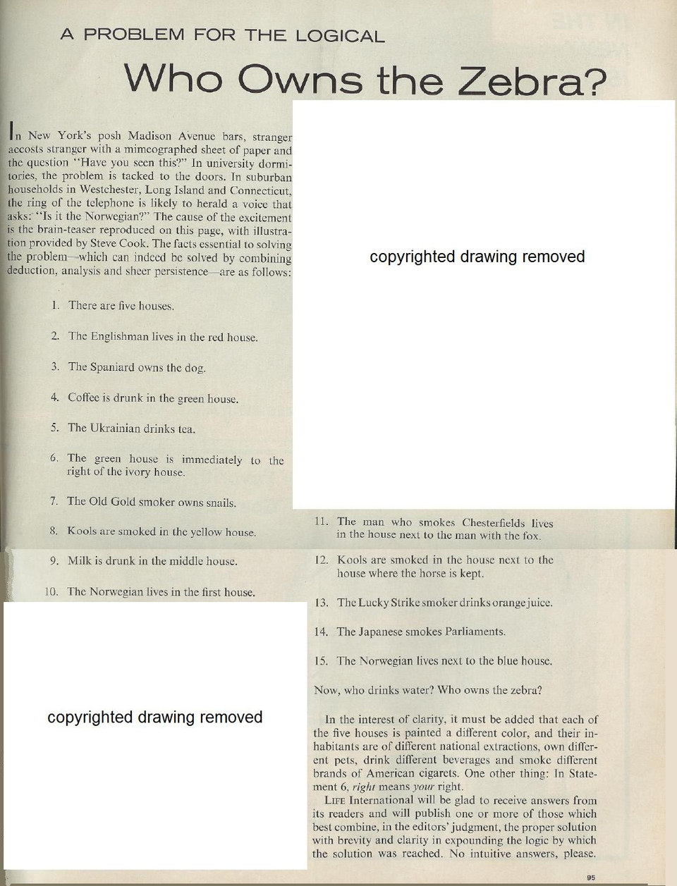 A page from Life International Magazine dated 17.12.1962 with the Einstein riddle reproduced in this article