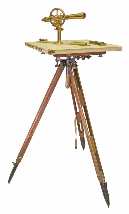 Plane-table set: tripod and plane table (first half of the 20th century), drawing board (1950s) and telescopic alidade. From the Open Collection of the Museum of History and Labour Glory of the Zavolzhye Motor Plant (ZMZ)