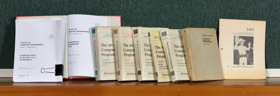 Editions of Donald Knuth's The Art of Computer Programming from 1968–2015. Photograph by Héctor García-Molina, professor of computer science and electrical engineering at Stanford University.