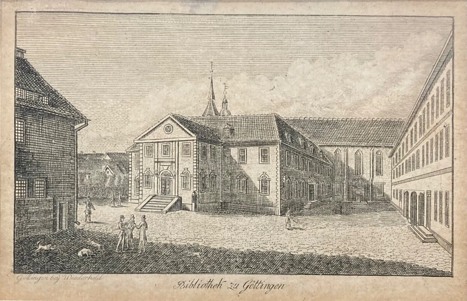 Georg August University of Göttingen (The University of Göttingen), founded in 1737. Library in Göttingen, copper engraving, XIX century