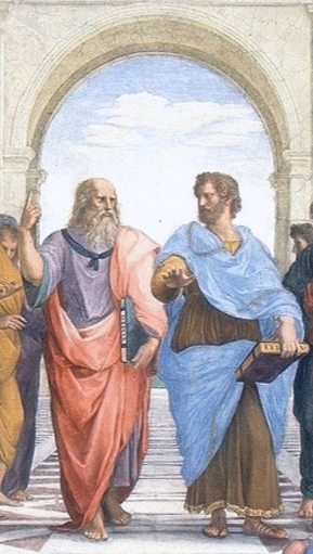 Plato pointing a finger towards the heavens and Aristotle gesturing towards the earth in The School of Athens.