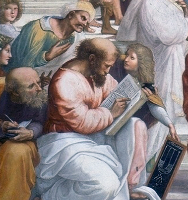 Pythagoras with a book, surrounded by pupils, in The School of Athens.