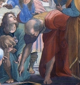 Euclid in The School of Athens, bending over to draw with a compass.