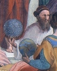 Zarathustra in The School of Athens, holding a celestial globe. The figure may also be Hipparchus or Strabo.
