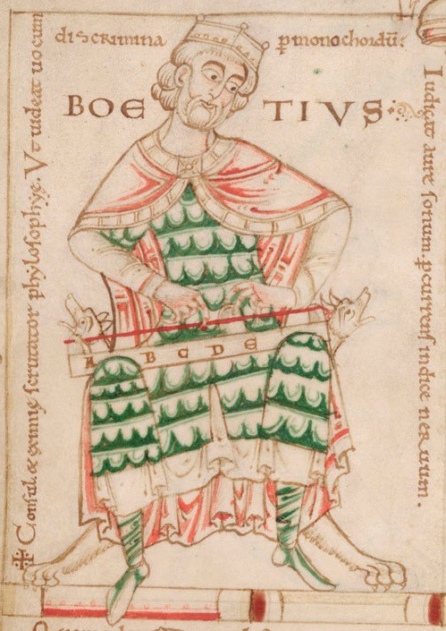 Boethius with a Monochord, a detail of a manuscript illumination in Cambridge, c. 1150.