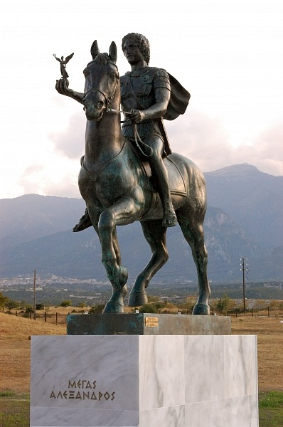 Monument to Alexander the Great riding Bucephalus and holding a statuette of Nike, at the foot of Mount Olympus.