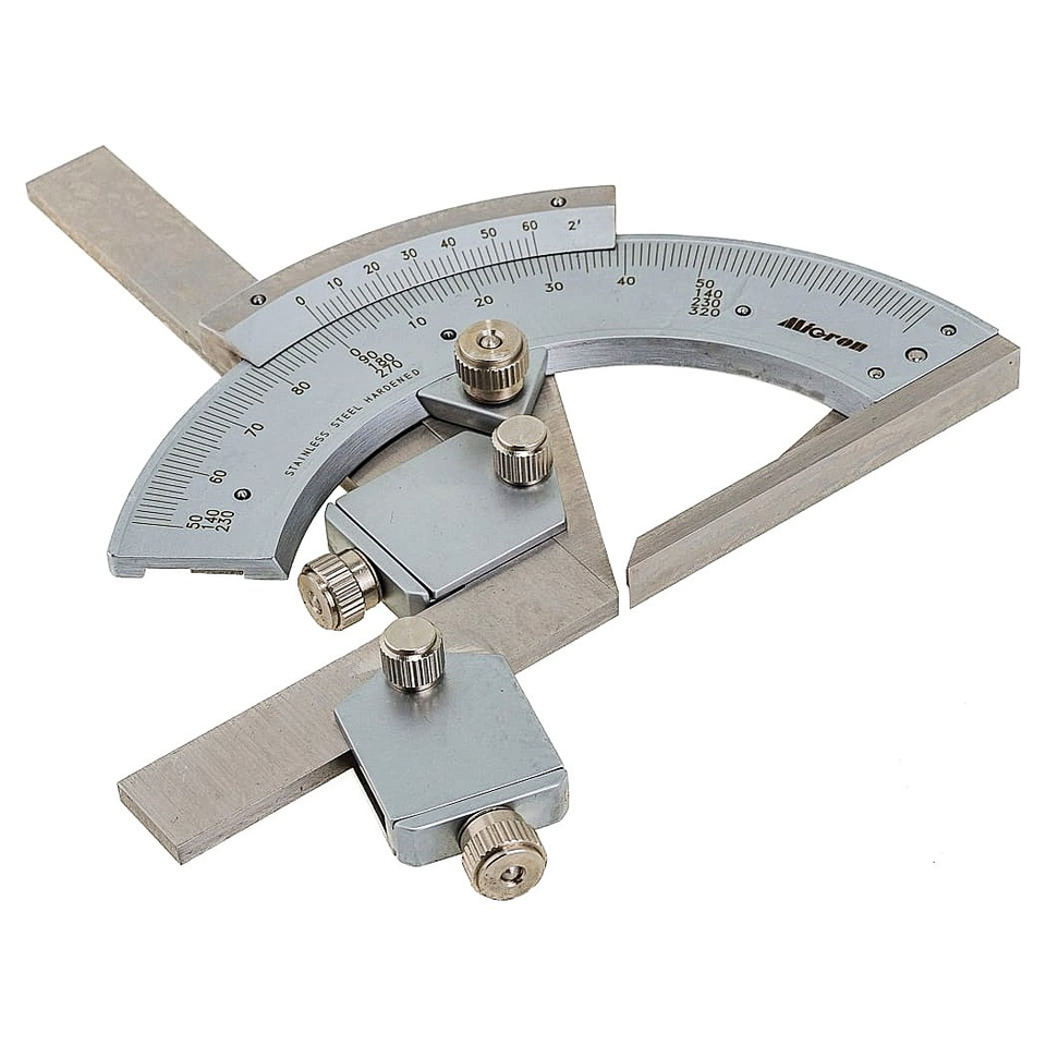 A goniometer, an instrument for highly precise angle measurement, with a vernier. The photograph shows a Micron 0-320 MIK 25463 vernier protractor for measuring external and internal angles.